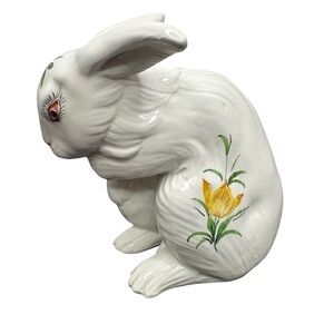 SOLD - Vintage Ceramic Rabbit Bunny Figurine Hand Painted Florals Pink Eye Italy